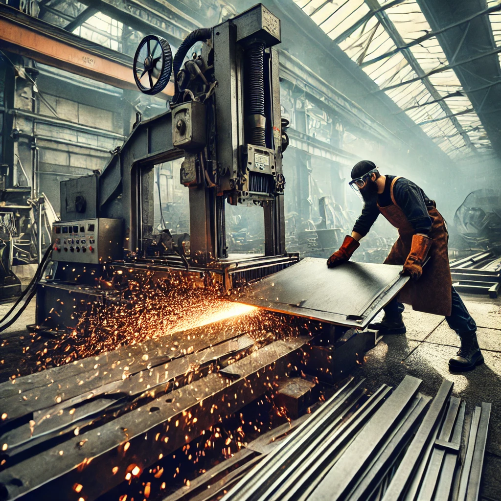 DALL·E 2025-03-10 11.04.51 - A professional metal cutting guillotine machine in action, cutting through sheets of steel in a workshop setting. The scene should include workers wea